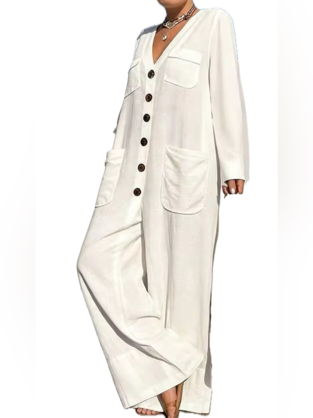 Classic White Button-Front Wide-Leg Jumpsuit NWOT
